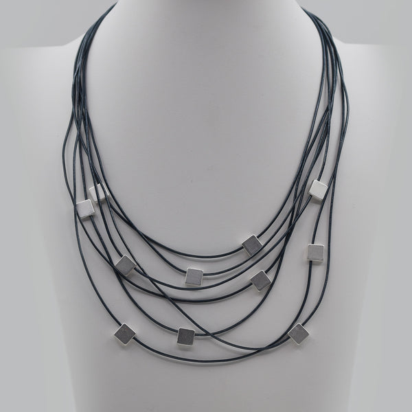 Matt Silver Strand Met Blue leather Necklace with Square Det