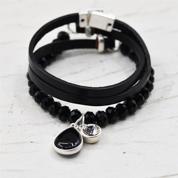 Wraparound leather and cut glass bracelet with black agate d