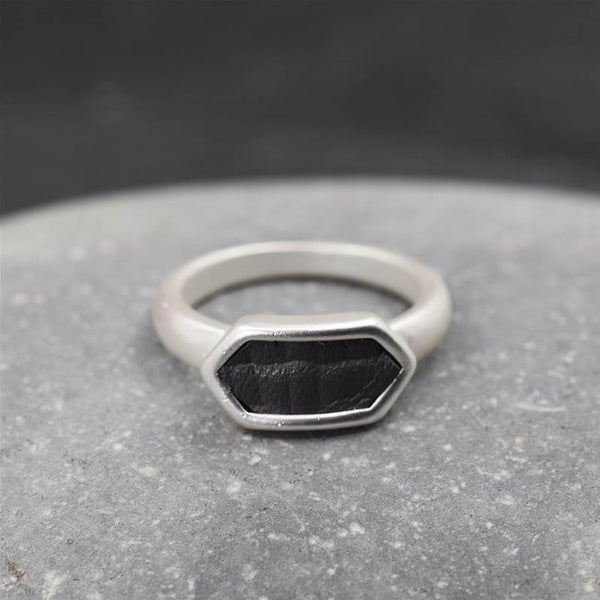 Contemporary hexagonal shape leather inlay ring