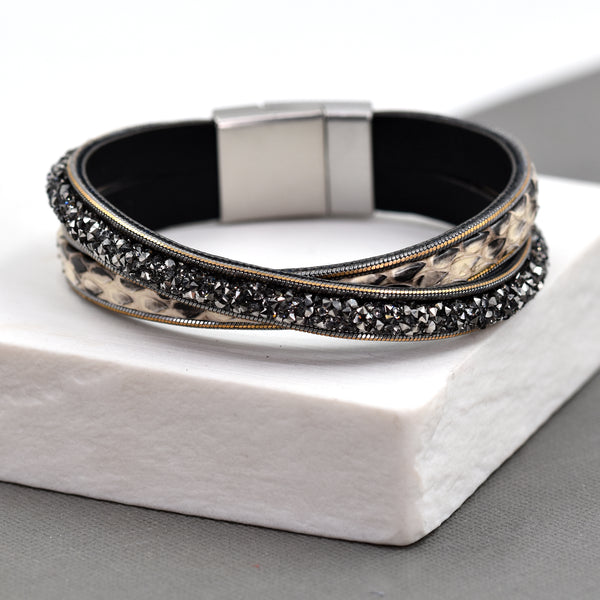 Crystal and snake print double strand leather bracelet