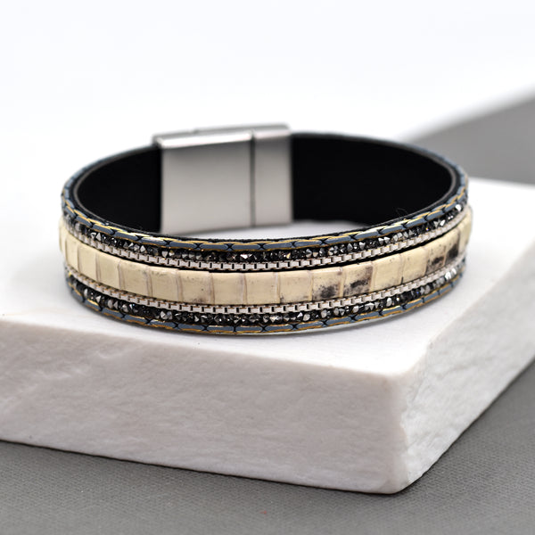Crystal and snake print double strand leather bracelet