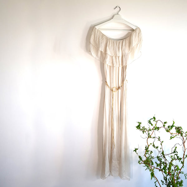 Bardot off the shoulder silk goddess dress with natural cord and loop belt