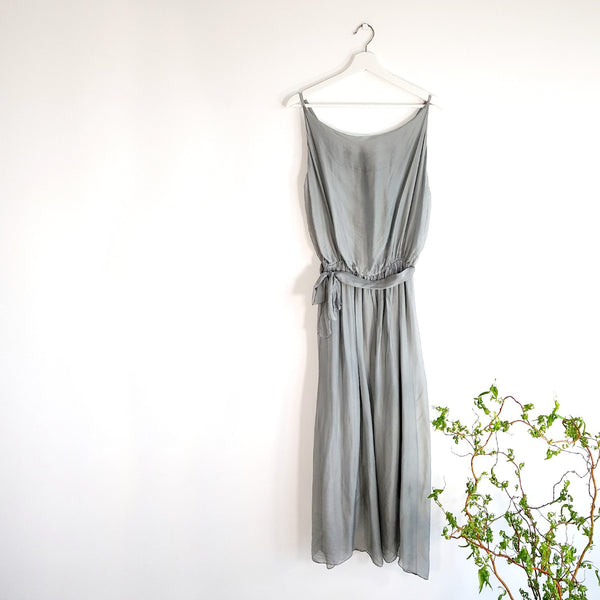 Long goddess plain silk dress with thin straps, elasticated waist and tie belt