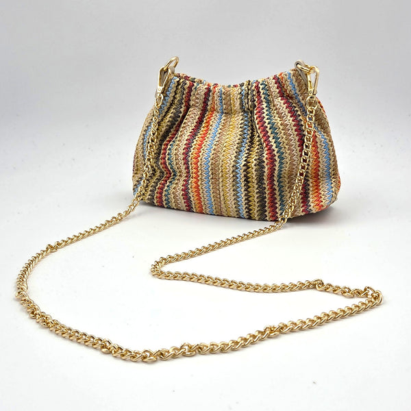 Taffeta 'Missoni' style ruched opening clutch bag with chain crossbody