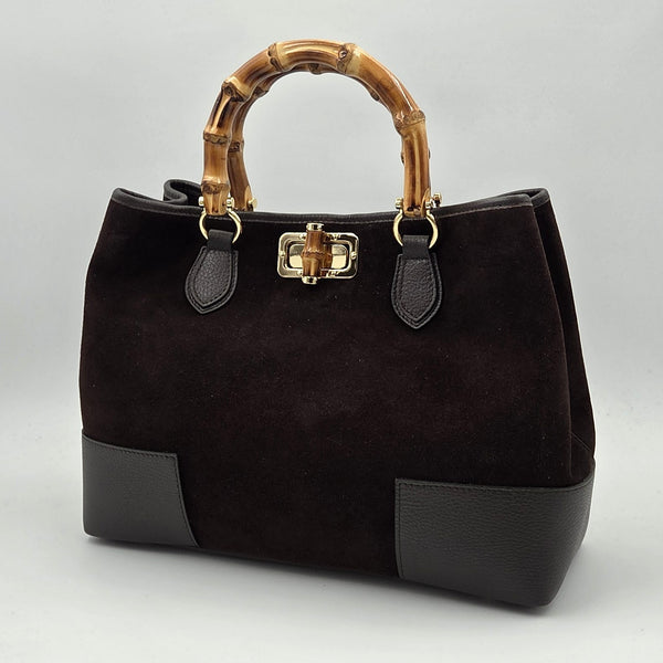 'Gucci' inspired large luxe suede handbag with bamboo handles, twist clasp and leather trim