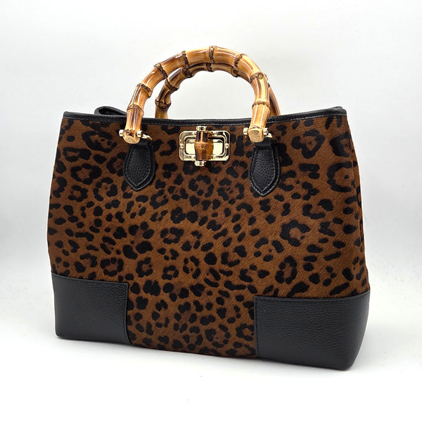 'Gucci' inspired large leopard print horse hair bag with bamboo handles, twist clasp and leather trim