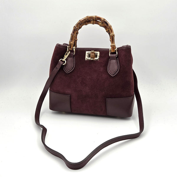 'Gucci' inspired small luxe suede handbag with bamboo handles, twist clasp and leather trim