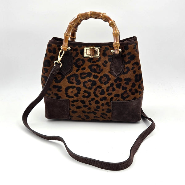 'Gucci' inspired small leopard print horse hair bag with bamboo handles and twist clasp with leather trim