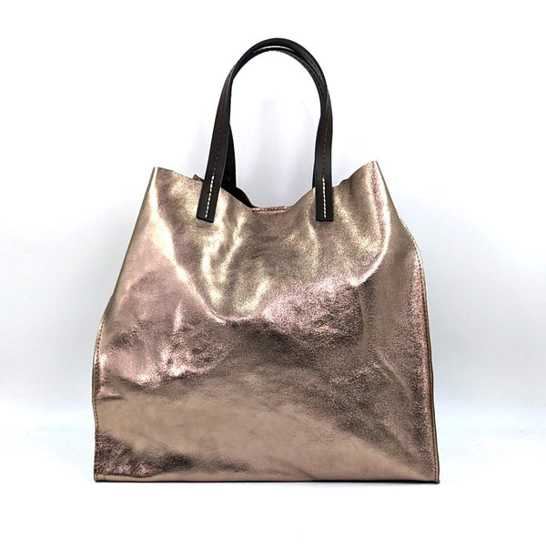 Metallic leather tote bag with chocolate leather handles
