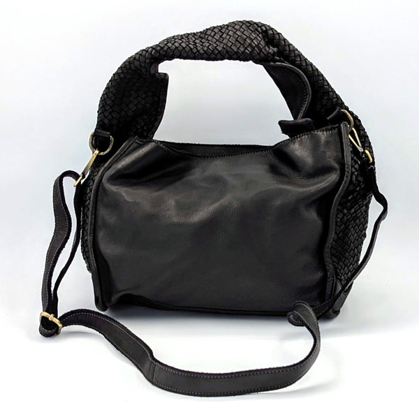 Luxe relaxed vintage wash handbag with woven panel feature and cross body strap