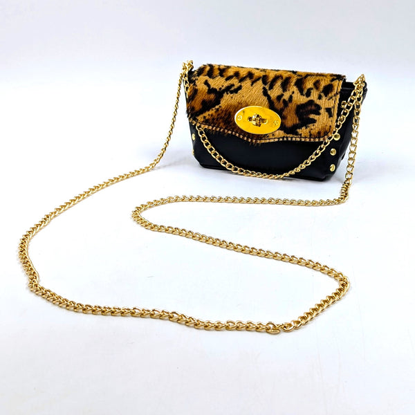 Mini leather crossbody chain bag with horsehair panel and twist clasp