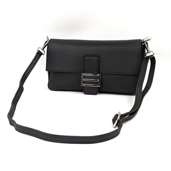 Smart structured leather clutch bag with classy hardware and crossbody strap