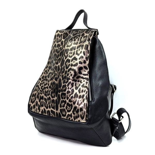 Stylish leather backpack with laminated leopard leather panel