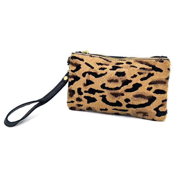 Cheetah print horse hair coin pouch with hand strap