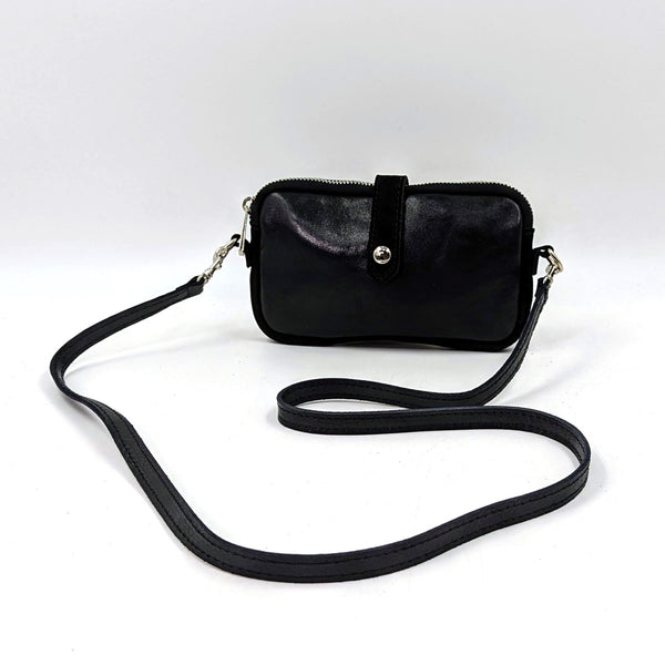 Horizontal metallic leather crossbody phone purse with suede elements and crossbody strap