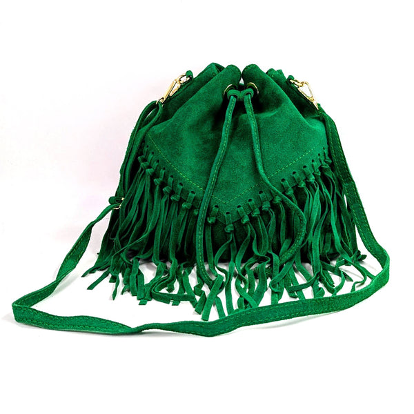 Suede crossbody bag with tassels and drawstring closing