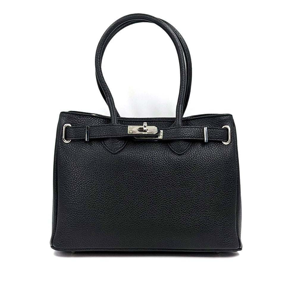 'Baby Birkin' style classic structured leather bag with overlap leathe ...