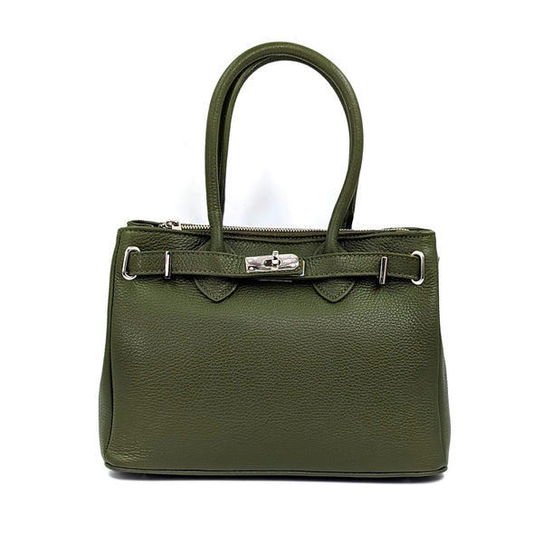 'Baby Birkin' style classic structured leather bag with overlap leather and twist clasp