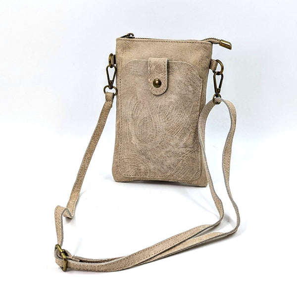 Simple vintage effect leather phone purse with crossbody strap