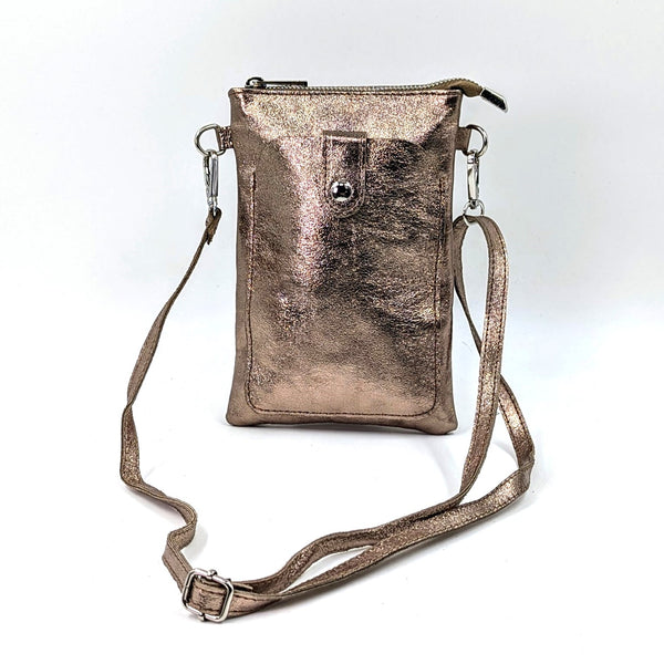 Simple metallic leather phone purse with crossbody strap
