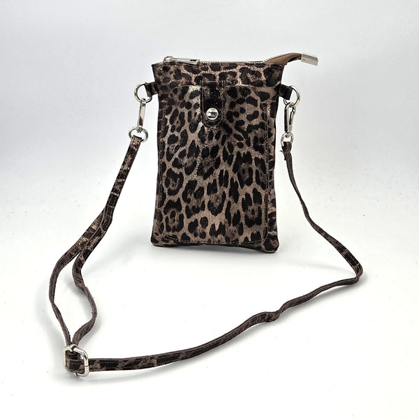 Leopard print metallic leather phone bag with crossbody strap