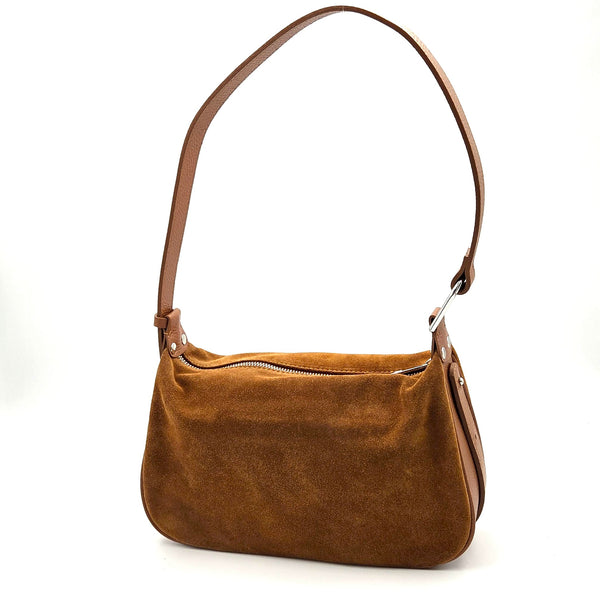 Structured rounded shape handbag with suede front and back panel
