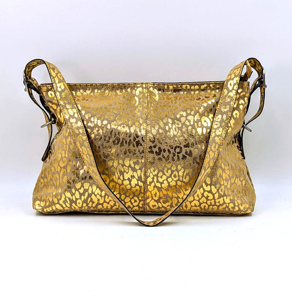 Metallic leopard laminated suede handbag