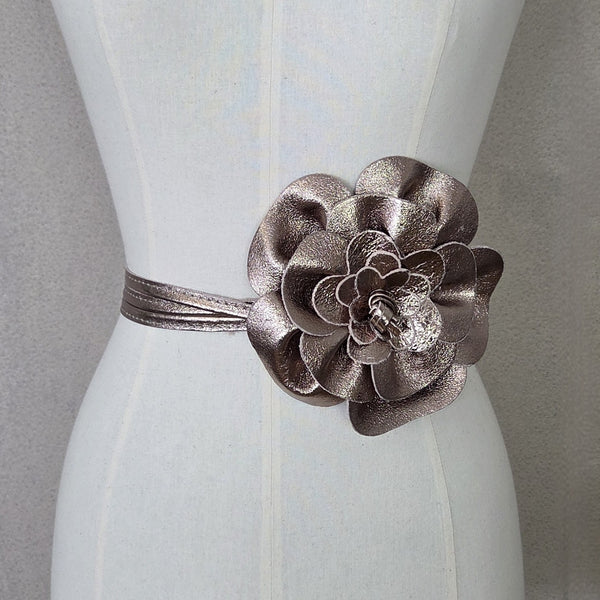 Large metallic leather flower belt