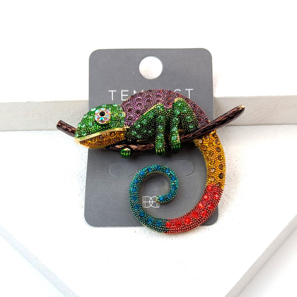 Colourful crystal chameleon brooch