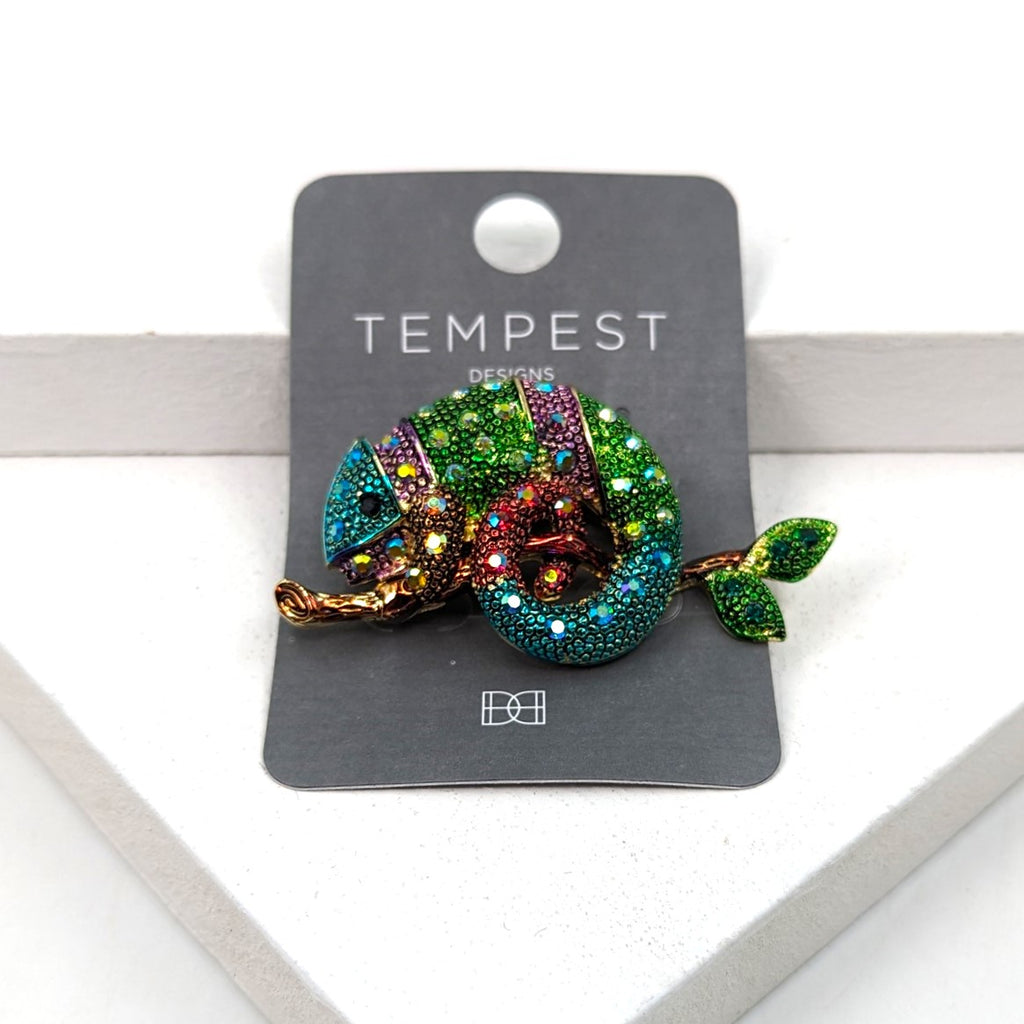 Colourful chameleon brooch with subtle crystals – Tempest Designs