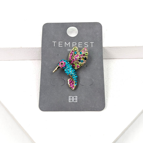 Colourful crystal hummingbird brooch