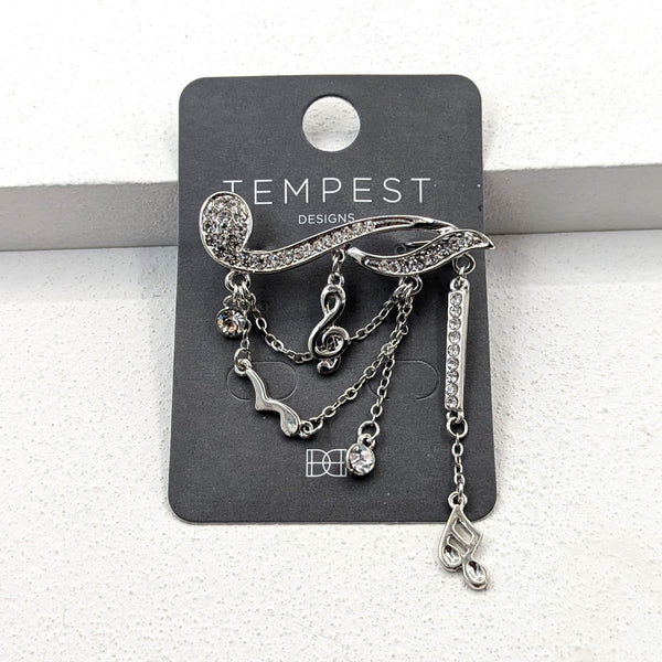 Crystal musical note brooch with chains and notes