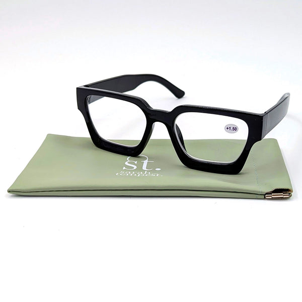 Arty square solid black reading glasses