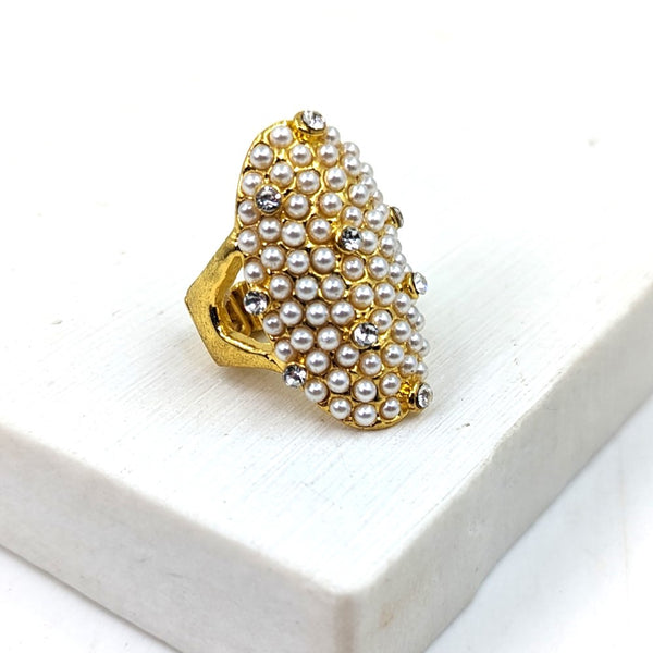 Pearl encrusted adjustable ring with crystals