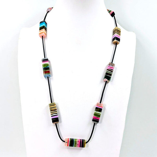 Long rectangular bead necklace on wax cord