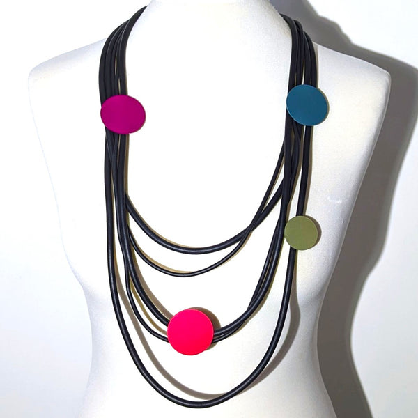 Lightweight multistrand neoprene necklace with colour disc elements