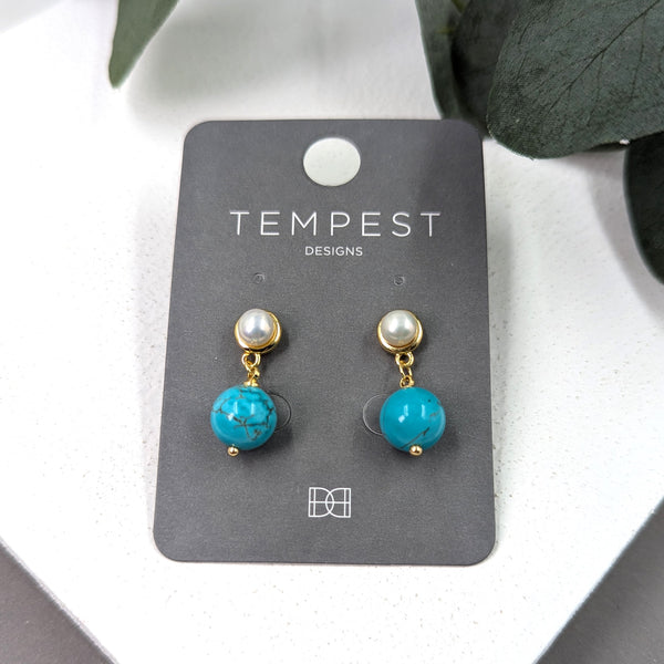 Reconstituted turquoise drop earrings with real pearl post setting