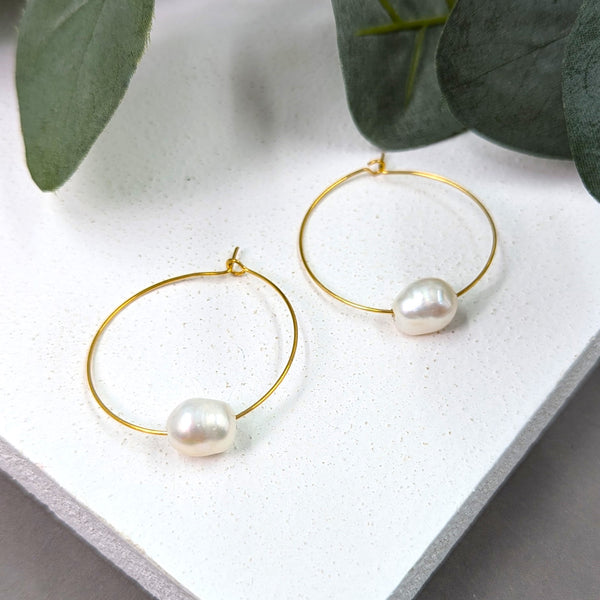 Real pearl on fine gold plated hoop earrings