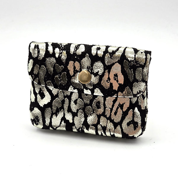 Mini animal print foil suede coin and card purse with zip