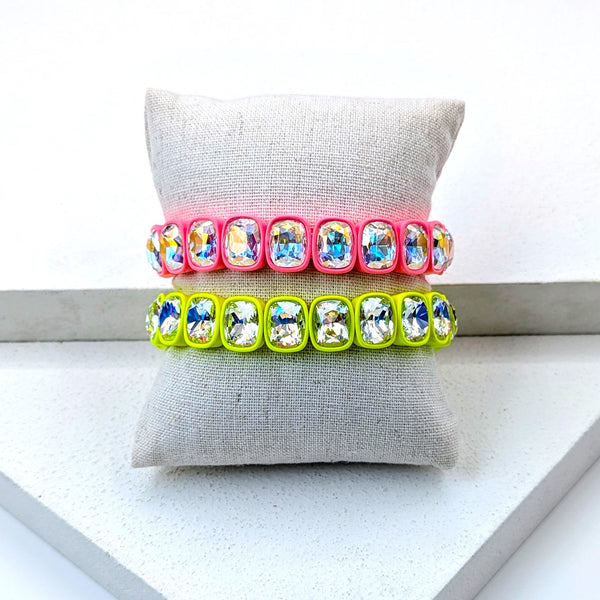 Luxe 2 pack crystal stretchy bracelets on free linen display pillow