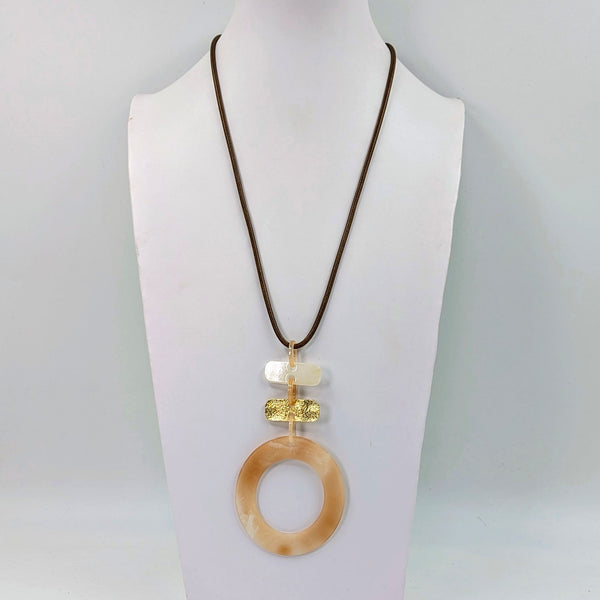 Open oval resin pendant with links and metal element on long wax cord