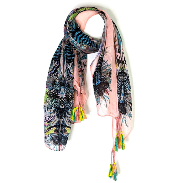 Kaleidoscope style feather design scarf with tassel corners