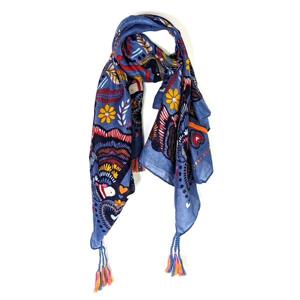 Swedish style bird print scarf with corner tassels