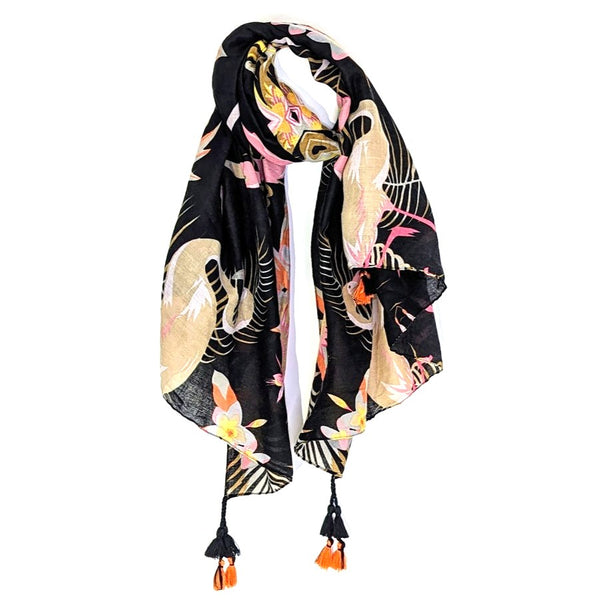 Mirrored flamingo print scarf with corner tassels