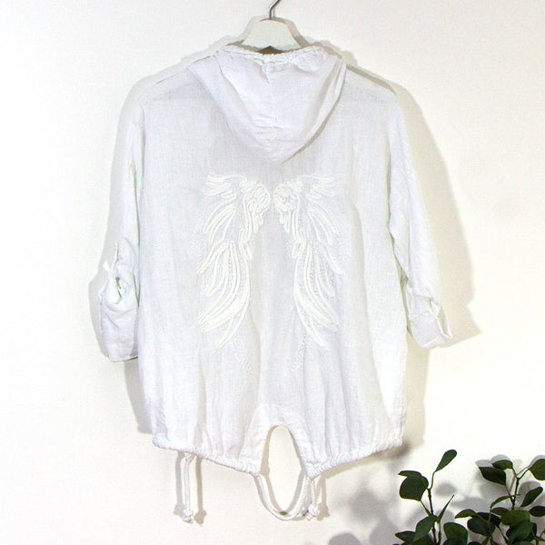 Short linen hoodie with embroidered angel wing motif on back