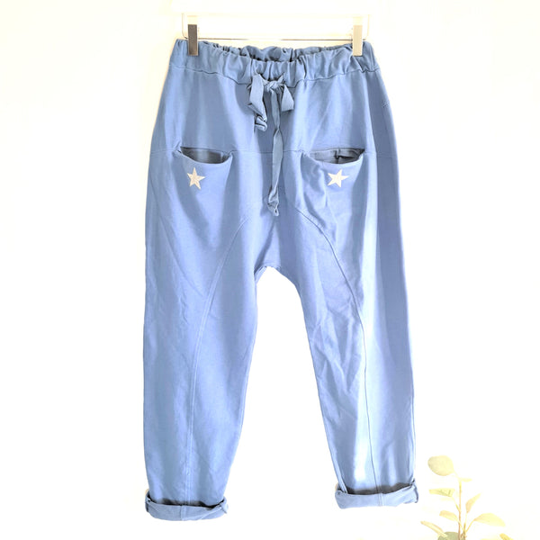 Low crotch lounge pants with little silver stars on front pockets