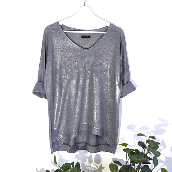Oohlala embossed motif long sleeve top with subtle silver sheen (M-L)
