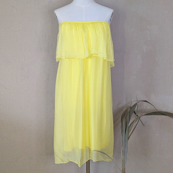 Bardot style silk dress with comfortable attached under garment (S-M)
