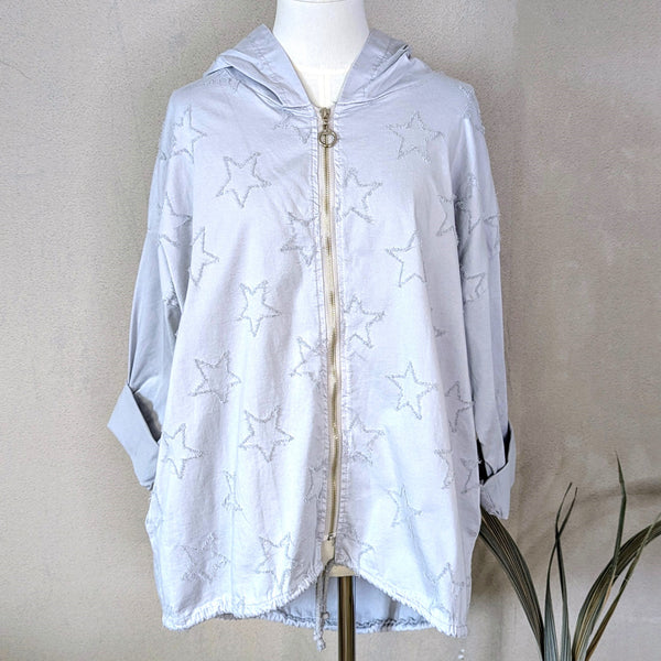 Special vintage light weight summer multi star fabric front hooded jacket with zip and pockets (93% Lyocell) (M-L)