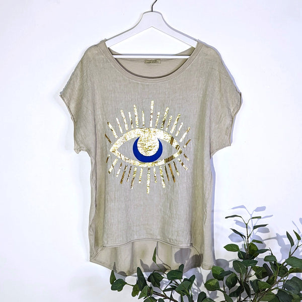 Linen front jersey back top with golden hot print eye motif